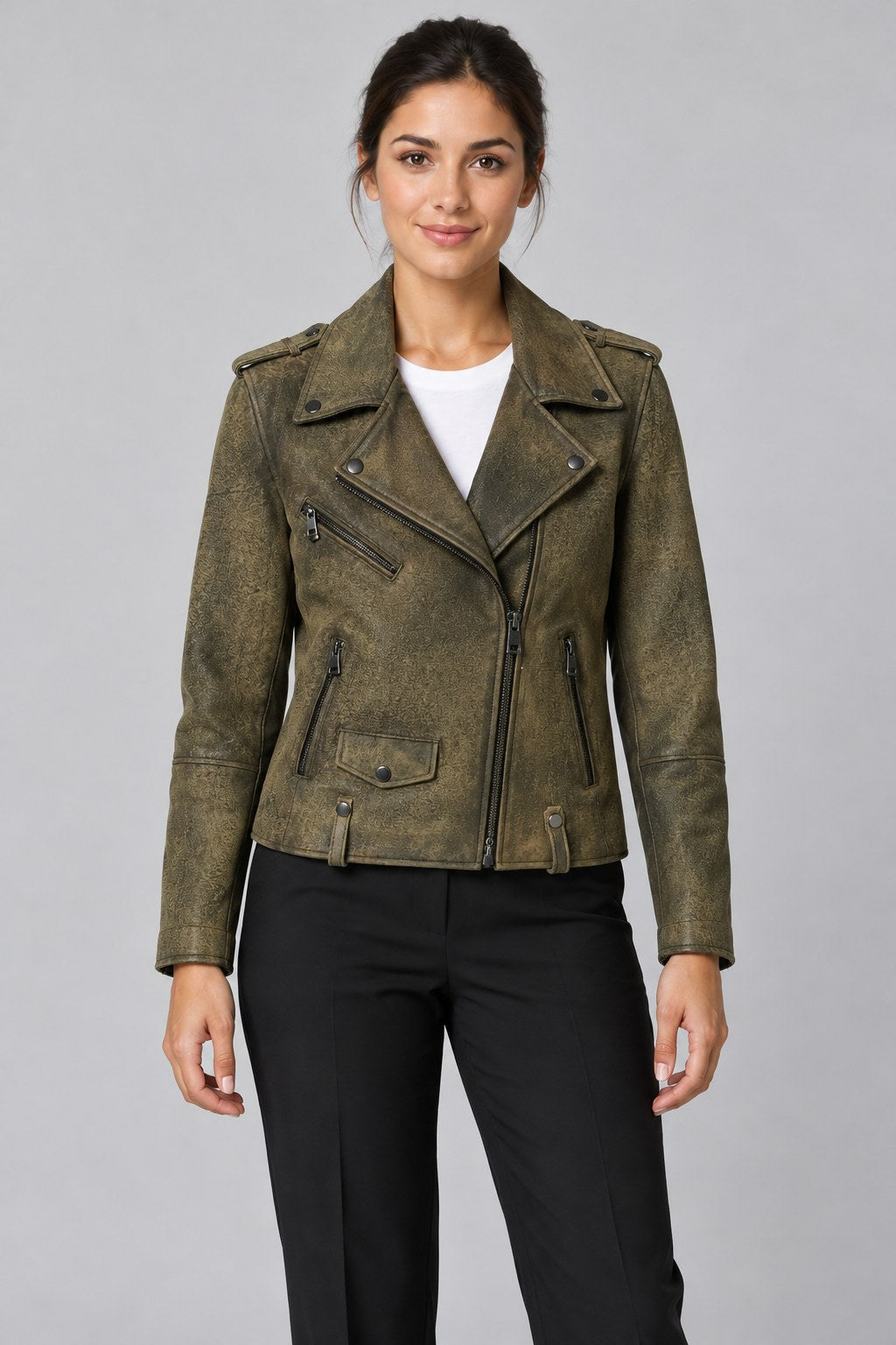 Women Genuine Leather Jacket 19WGD5794EF Olive Green
