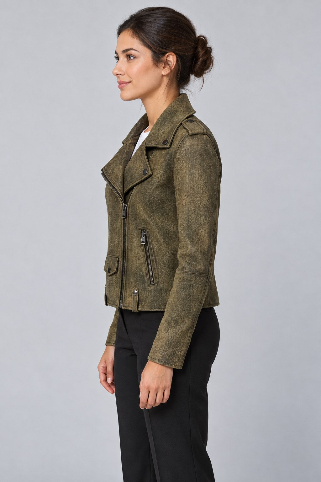 Women Genuine Leather Jacket 19WGD5794EF Olive Green