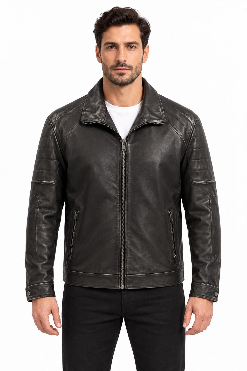 Men Genuine Leather Jacket 19WGE63701M Black
