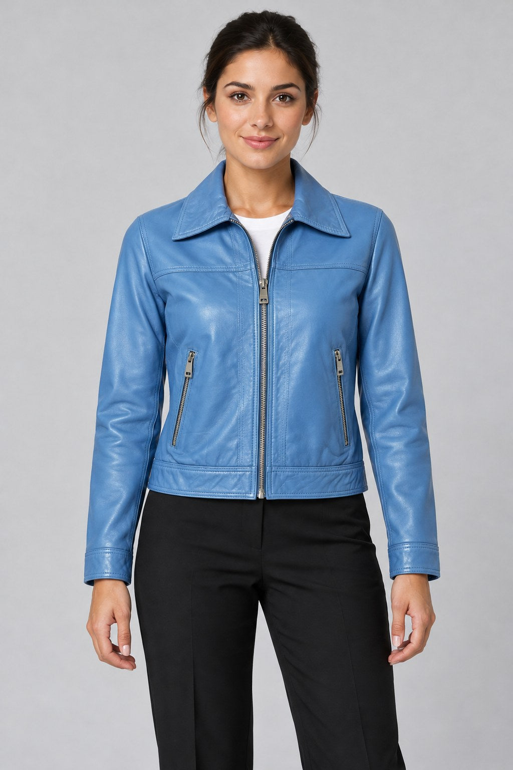 Women Genuine Leather Jacket 22SGM5988R3 Blue