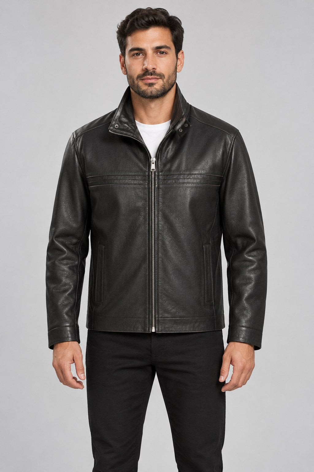 Men Genuine Leather Jacket 19WGD633644 Black